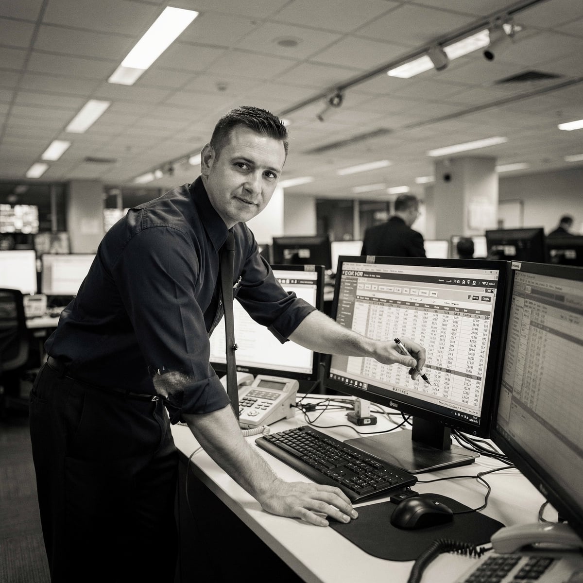 An airline dispatcher at a desk, reviewing flight plans and weather data in an operations center in the early morning.