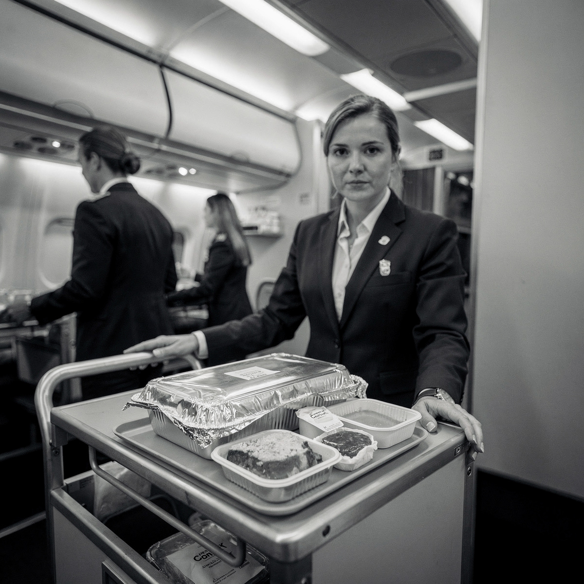 A meal cart with a sealed special meal tray sits in an aircraft galley, illuminated by cool white overhead cabin lighting.