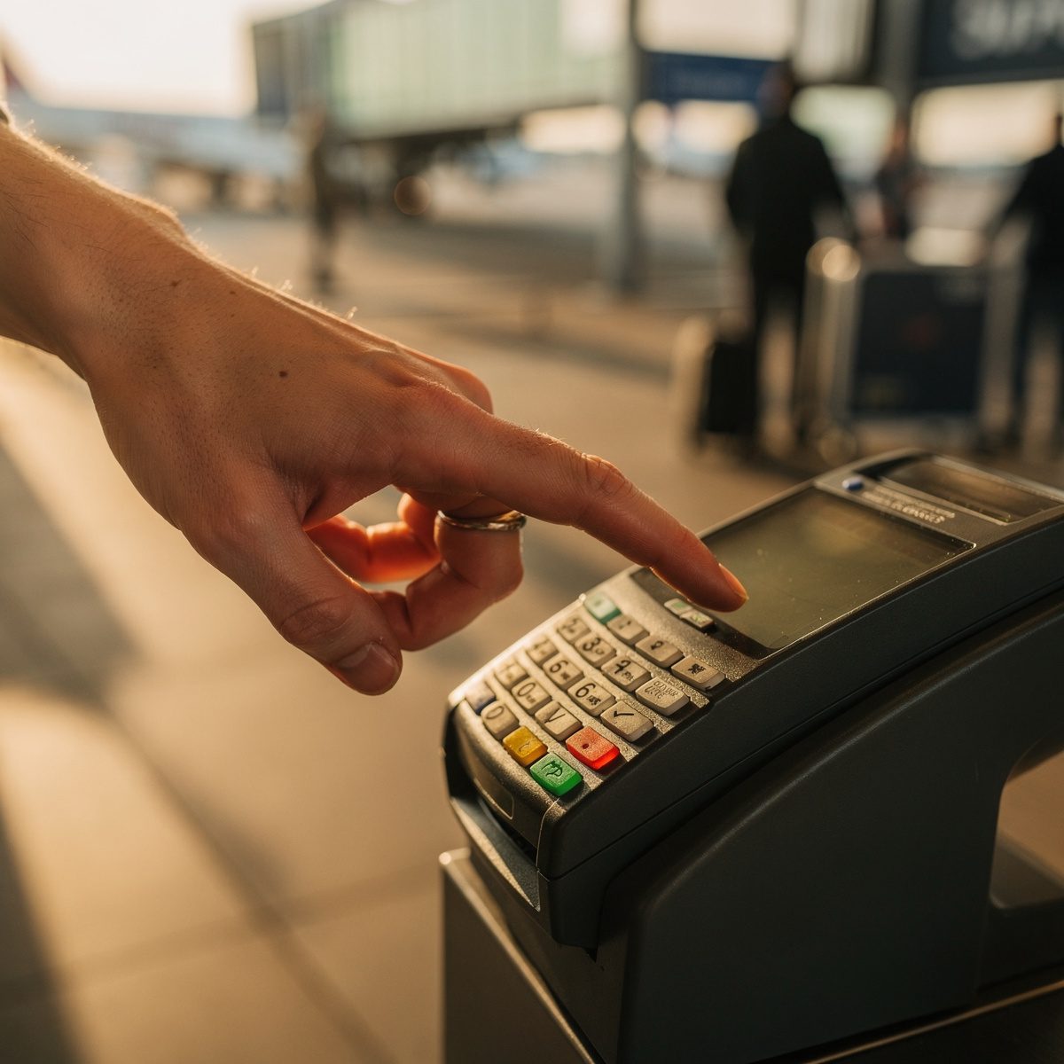 A traveler's hand hovers over a payment terminal in a generic airport setting, late afternoon.