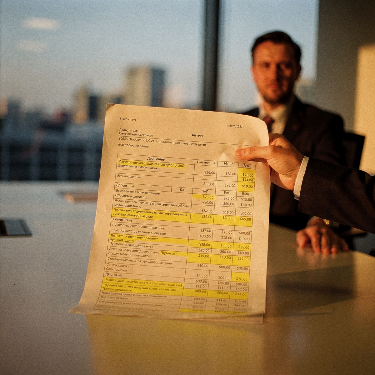 A financial document, likely a loan agreement or cost analysis, resting on a polished conference table in a modern office, late afternoon.