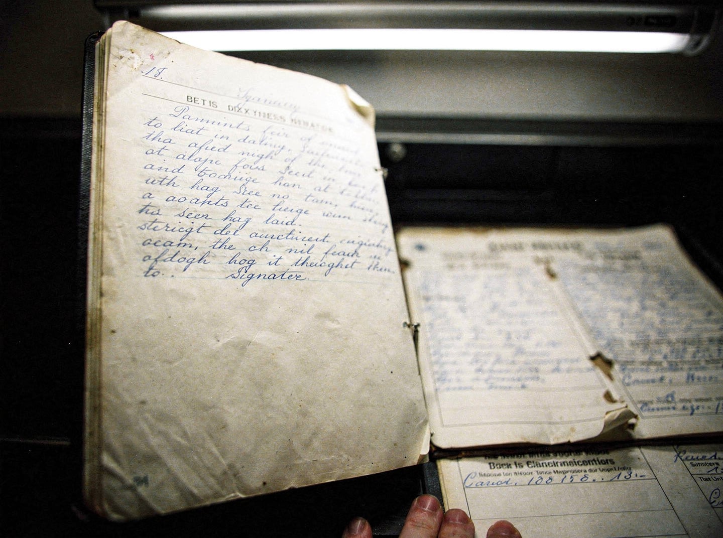 A single page of a logbook or official document, showing a handwritten entry and a blank space for a signature, under harsh midday light.