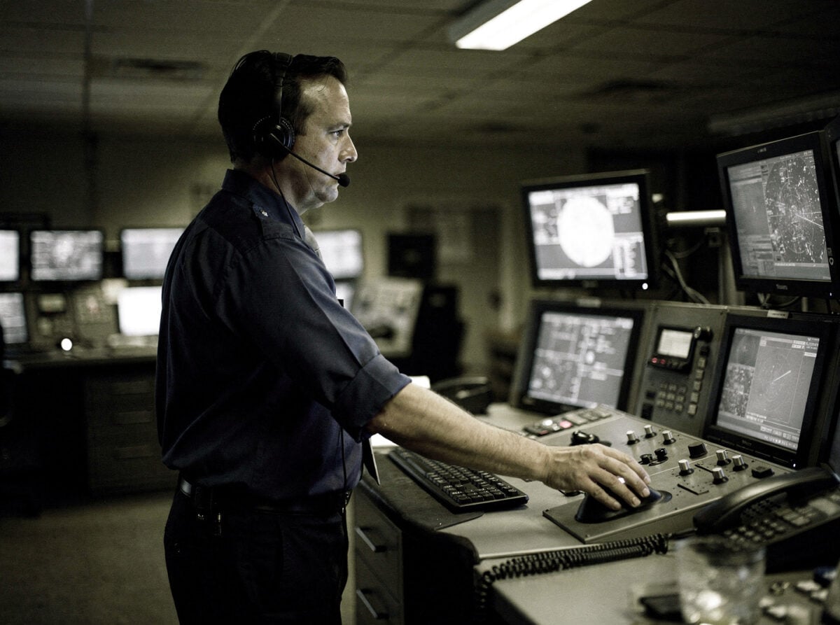 Air traffic controller at a radar console, focusing on the screen in a dimly lit operations room, late at night.