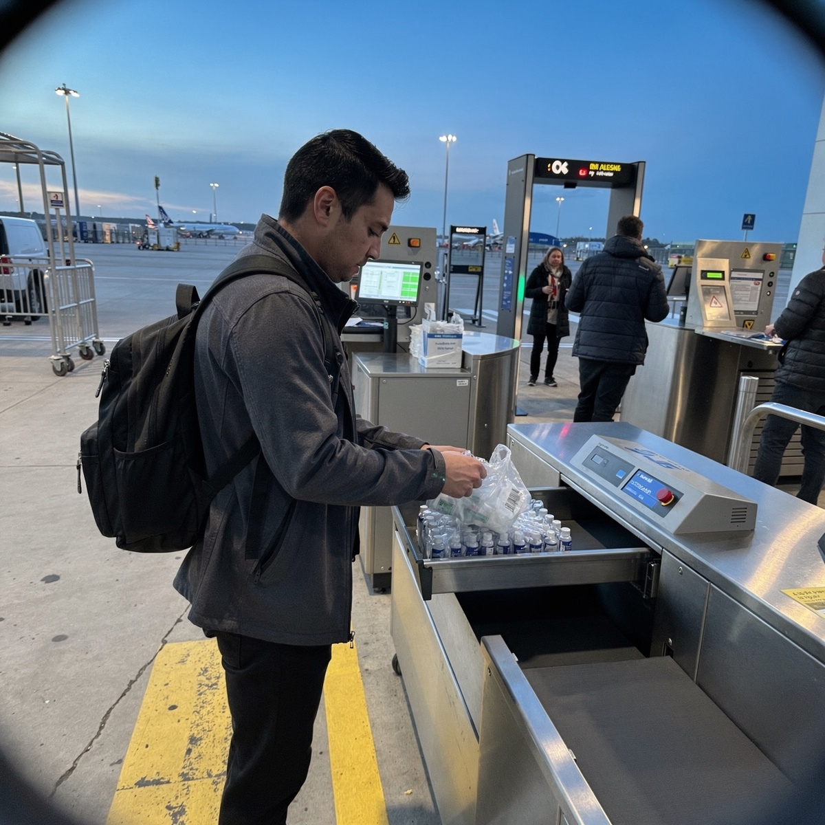 A security checkpoint at a UK airport, with a passenger placing items into a tray. Early morning, with a cool blue light.