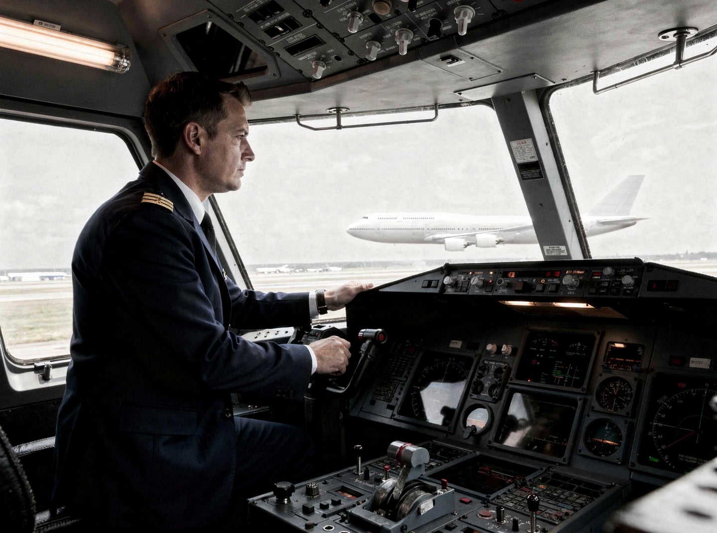 A pilot in a flight deck, looking out the window at a distant aircraft, during harsh midday light.