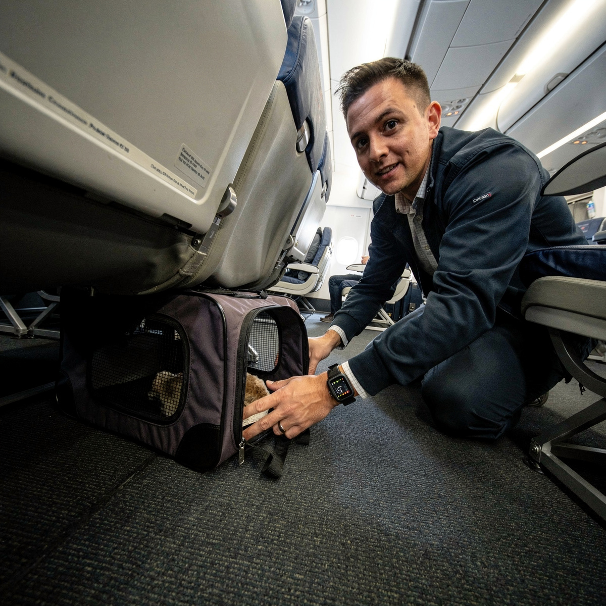 A passenger in an airline cabin is attempting to manage an emotional support animal in a carrier under the seat in front of them, illuminated by standard cool white overhead cabin lighting.