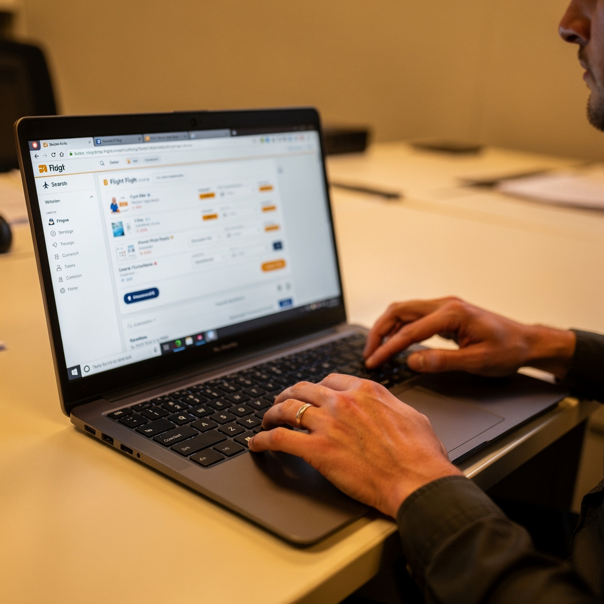 An open laptop displaying a flight search results page, with a hand poised over the trackpad, in a generic office setting.