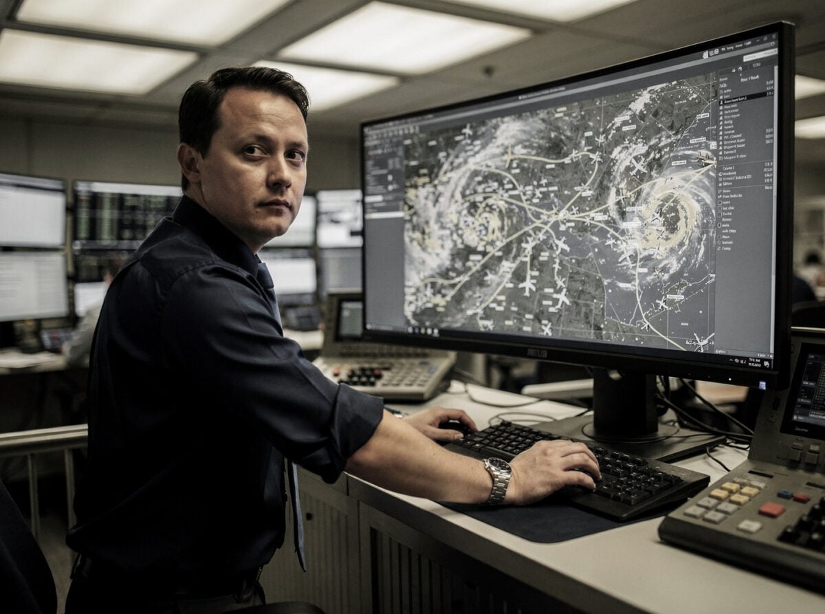 A dispatcher's desk in an airline operations center, late afternoon, with a monitor displaying a complex map and a hand resting on a keyboard.