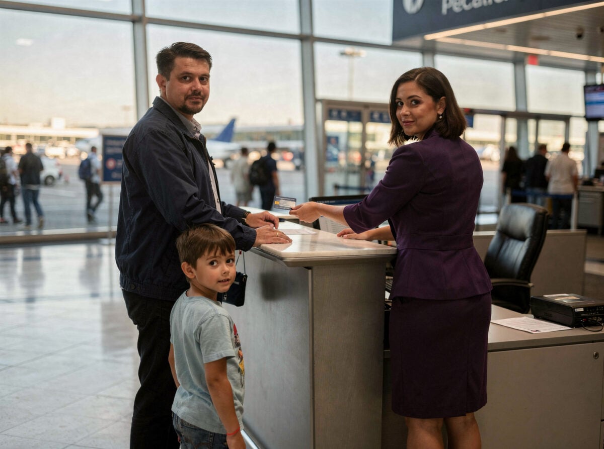 An adult stands at an airport unaccompanied minor desk, presenting a physical ID card to a Delta staff member, with a child standing nearby. It is late afternoon, with natural light filtering in from nearby windows.