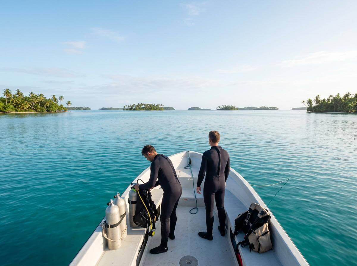 Divers on a small boat in Chuuk Lagoon, Micronesia, turquoise water (ATC Intel)