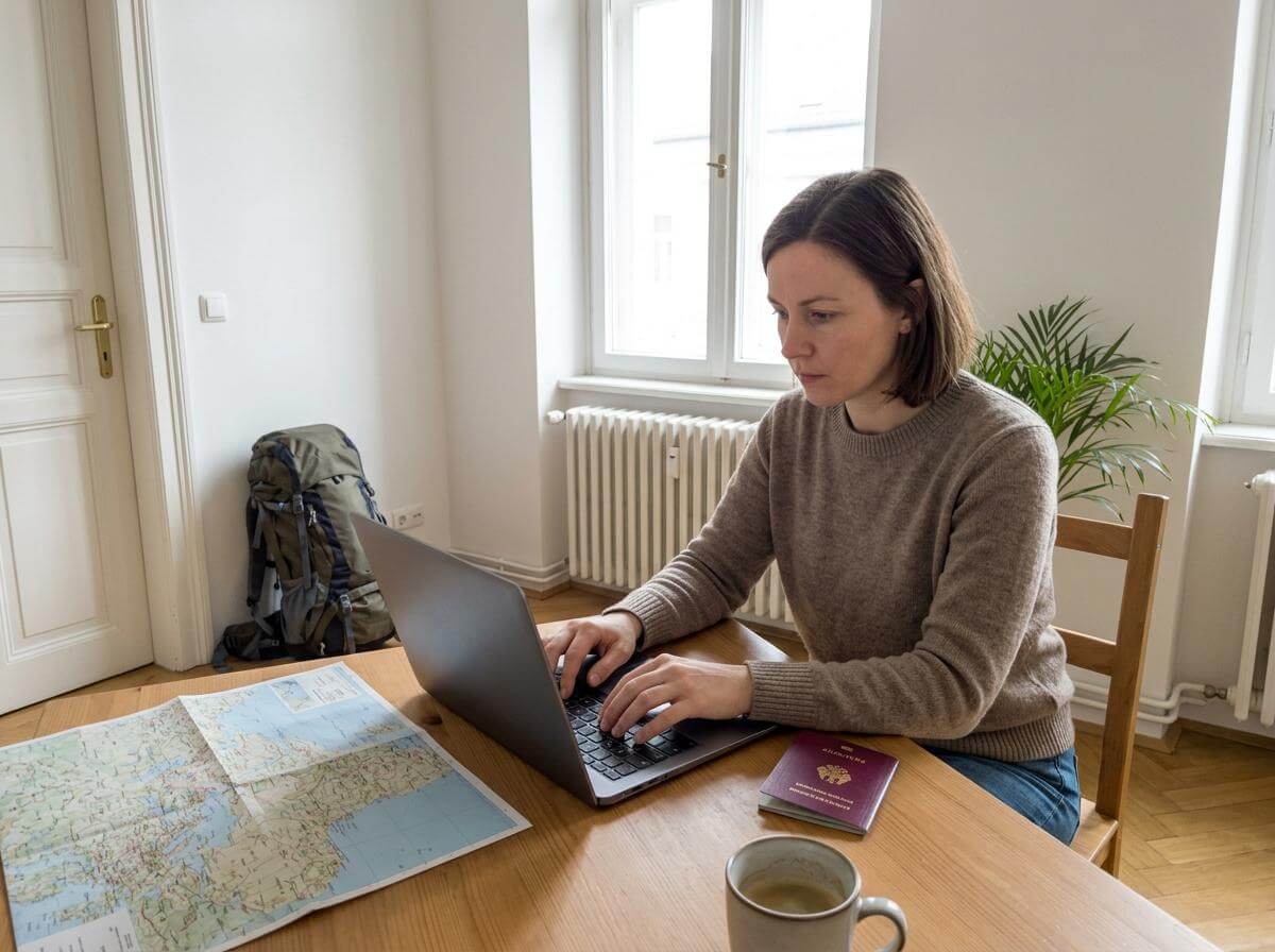 European traveler planning a Kyrgyzstan trek at home with passport and backpack (ATC Intel)