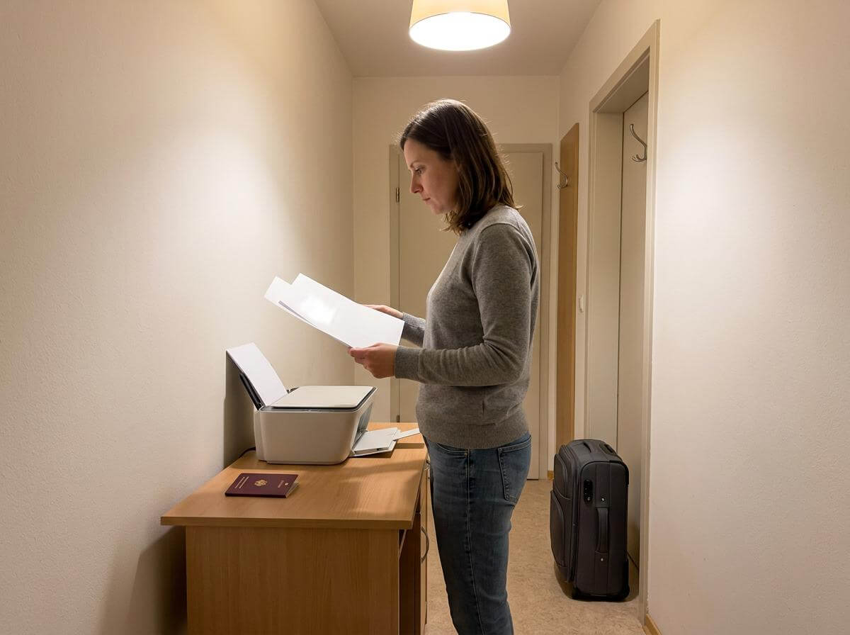 European traveler printing two copies of a PNG e-Visa approval letter at home (ATC Intel)
