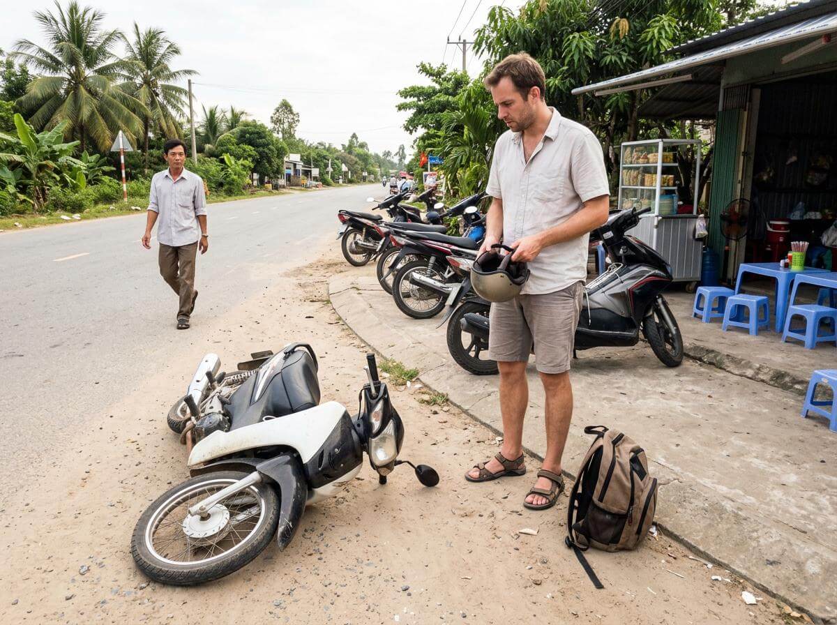 Rider standing beside a fallen scooter on a Vietnam roadside after a crash (ATC Intel)
