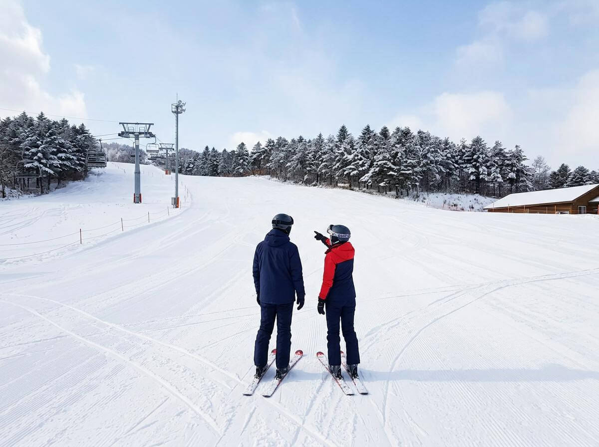 Skiers on a snowy Gangwon-do slope in South Korea with pine mountains (ATC Intel)
