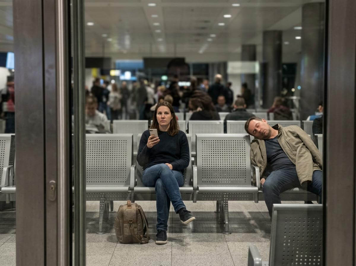 Stranded travelers waiting overnight in a plain airport transit hall (ATC Intel)