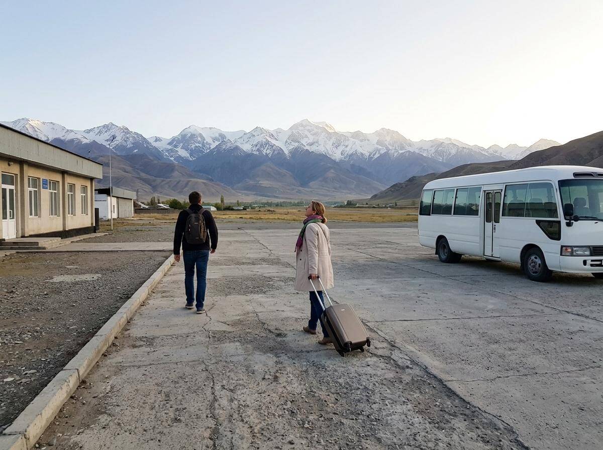 Tired European traveler with backpack arriving at a small Kyrgyz airport at dawn (ATC Intel)