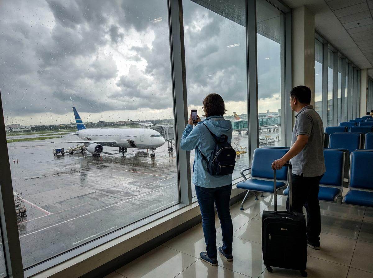 Traveler at Manila airport window watching typhoon rain over grounded jets (ATC Intel)