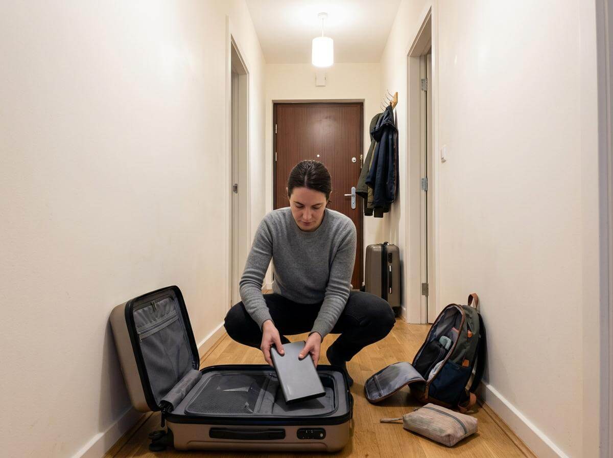 Traveler detaching power bank from smart suitcase at home before a UAE flight (ATC Intel)