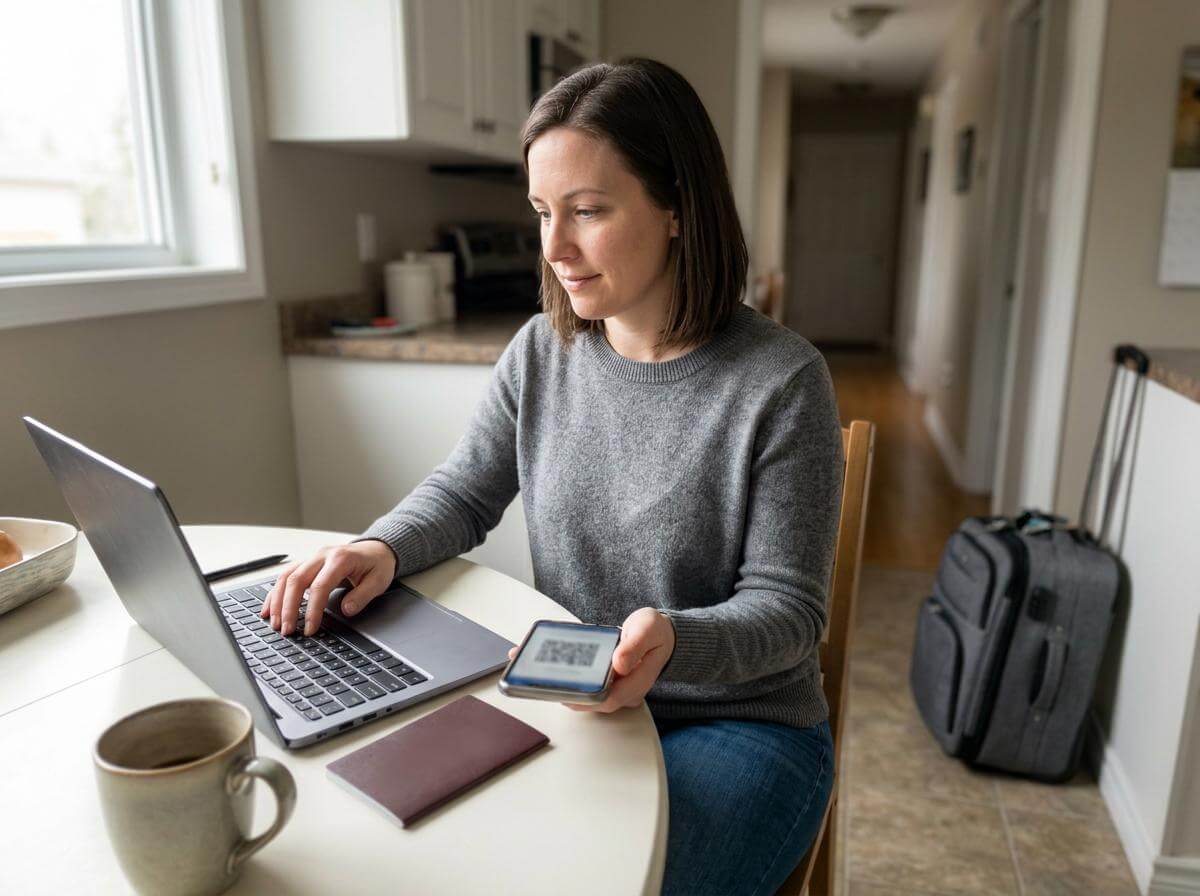 Traveler filing South Korea arrival forms online at home with passport nearby (ATC Intel)