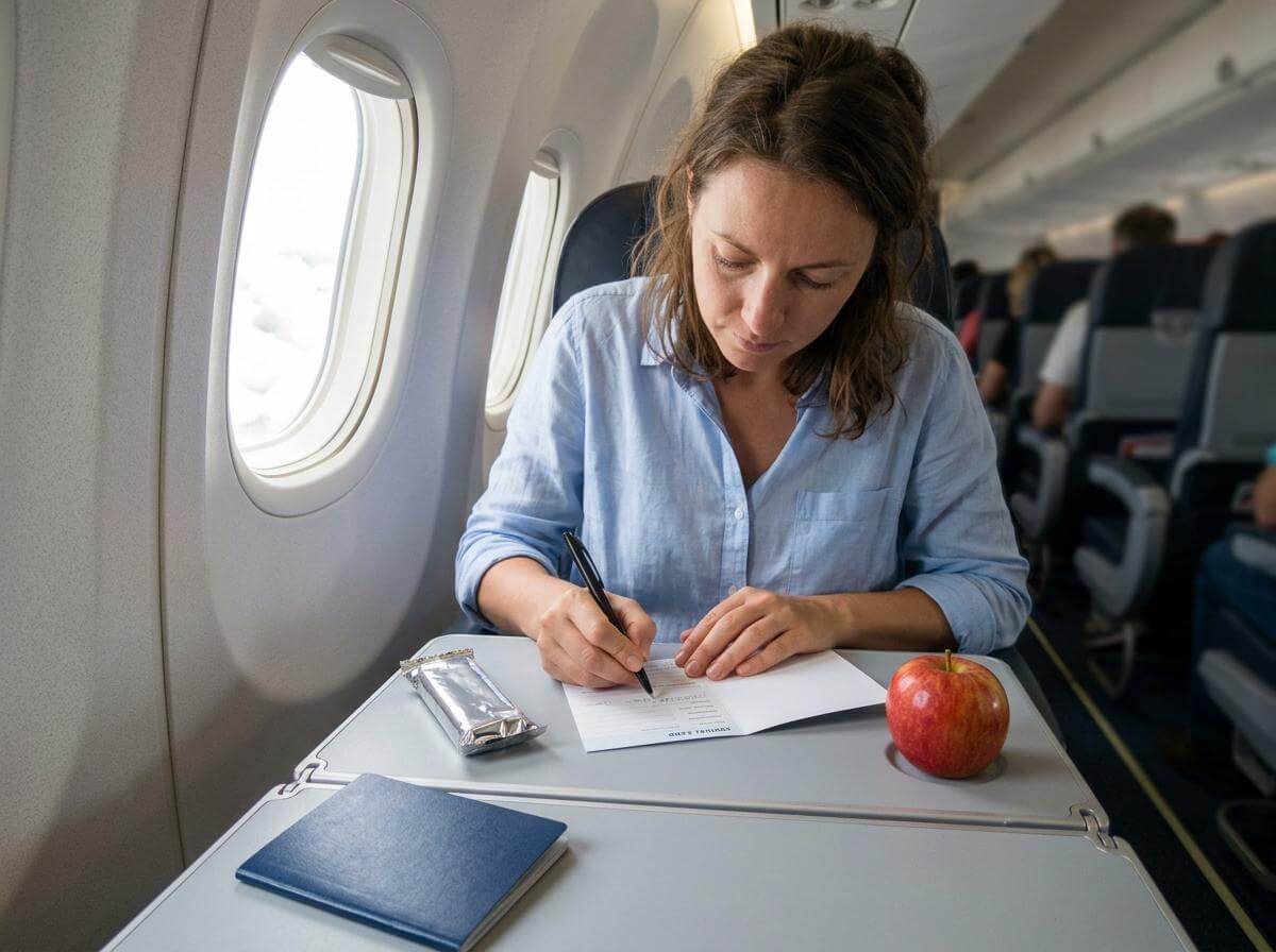 Traveler filling in Vanuatu arrival card in cabin with apple on tray table (ATC Intel)