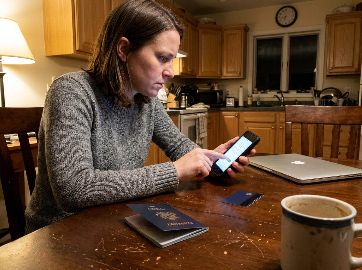 Traveler installing the official ETA app on a phone at home, passport on table (ATC Intel)