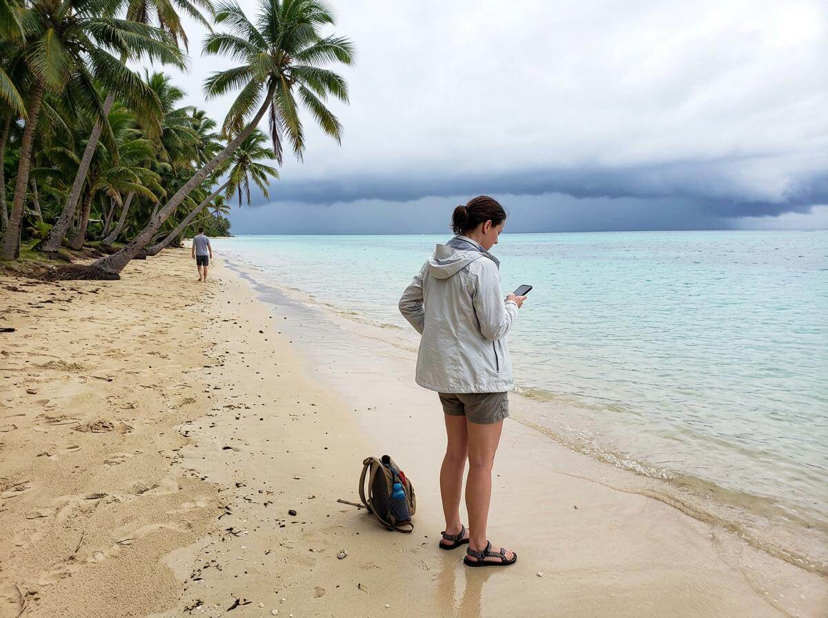 Traveler on a Fiji beach watching dark cyclone clouds gather over the lagoon (ATC Intel)