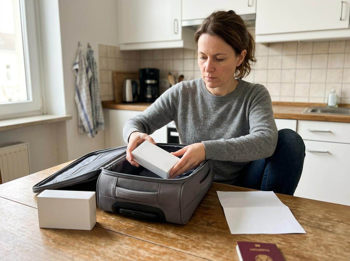 Traveler packing medicine boxes and documents into a carry-on at home (ATC Intel)