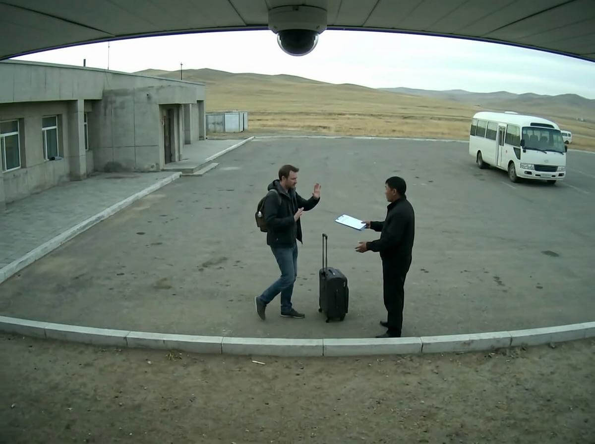 Traveler refusing a cash demand from a stranger outside a Mongolian airport (ATC Intel)