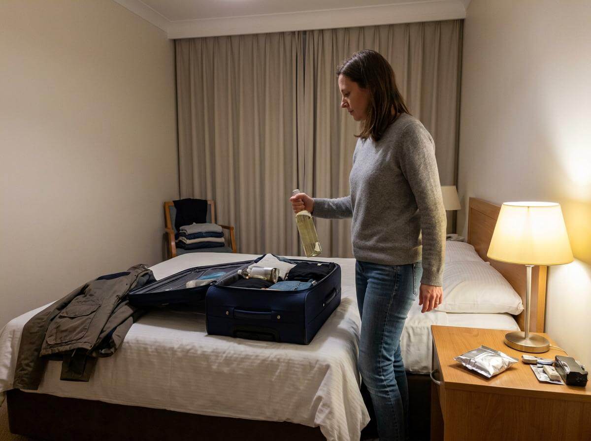 Traveler removing a bottle from a suitcase at home before a Saudi Arabia flight (ATC Intel)