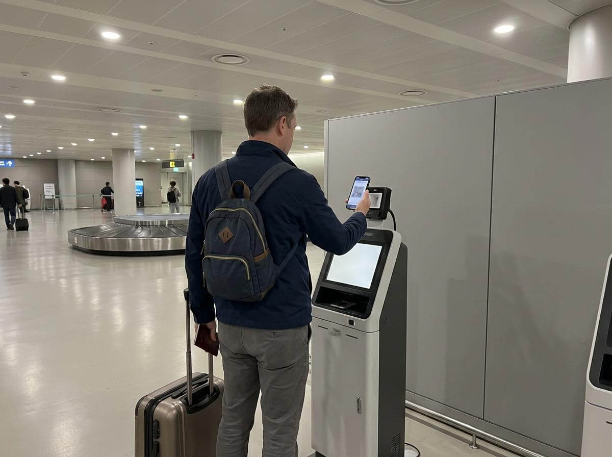 Traveler scanning a customs QR code on a phone at an Incheon kiosk (ATC Intel)