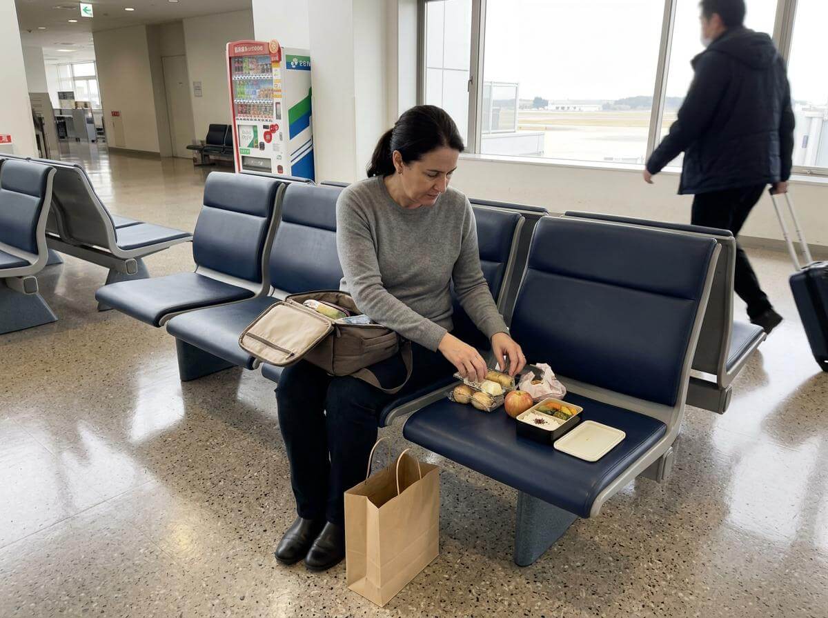 Traveler sorting food from a carry-on at a Japanese airport gate (ATC Intel)