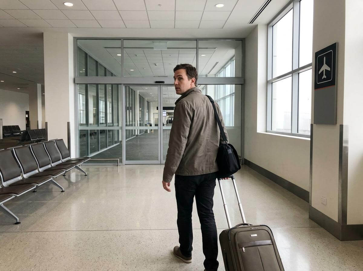 Traveler with a suitcase entering an Australian airport arrivals hall (ATC Intel)