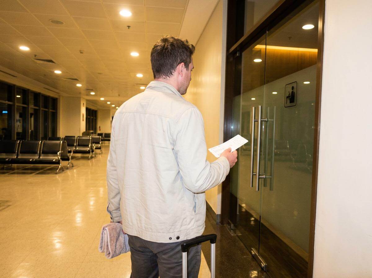 Traveler with a towel at a closed Manila airport lounge door before a red-eye (ATC Intel)