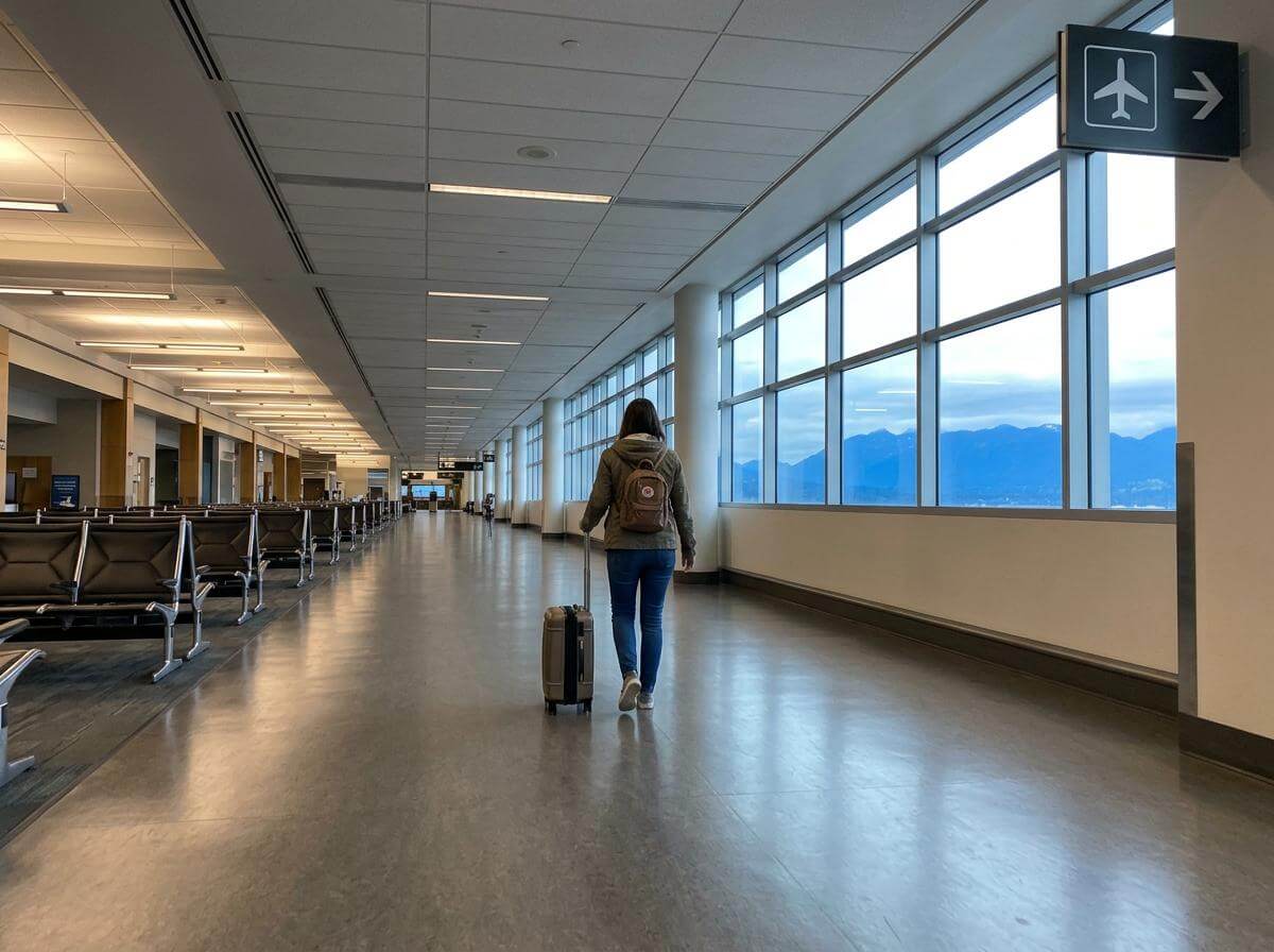 Traveler with carry-on in a long Vancouver airport transfer corridor at night (ATC Intel)