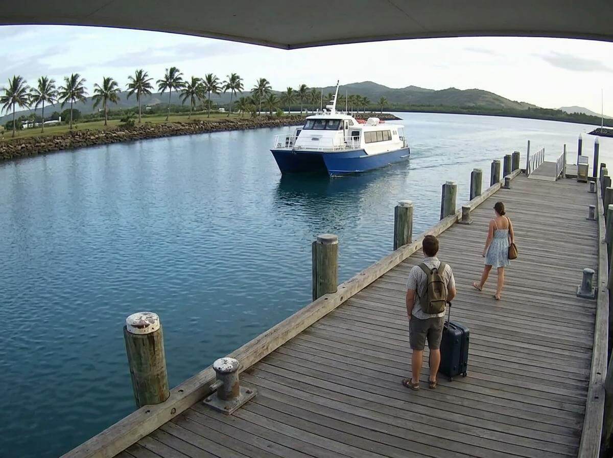 Traveler with suitcase on Port Denarau dock, Fiji, as ferry departs (ATC Intel)