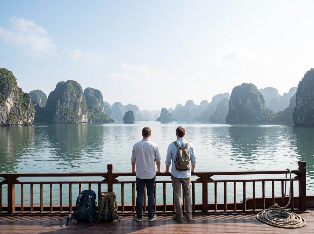 Travelers on a wooden boat deck among Vietnam's limestone karst islands (ATC Intel)
