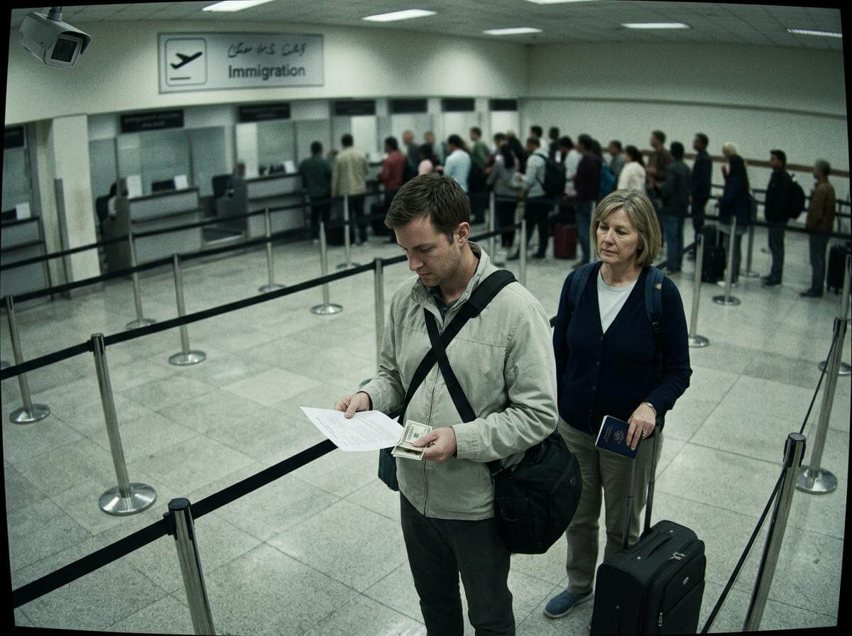 Travelers queueing in Kathmandu airport immigration hall with printed visa pages (ATC Intel)