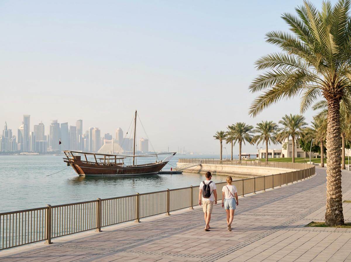 Travelers walking Doha Corniche promenade with dhow boats, Qatar (ATC Intel)