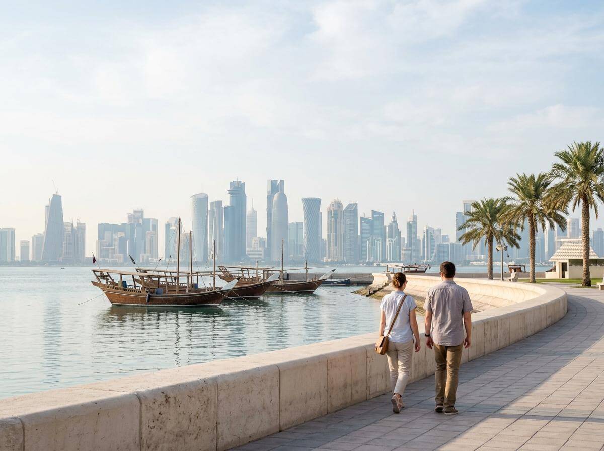 Travelers walking Doha's Corniche promenade with dhow boats and West Bay skyline (ATC Intel)