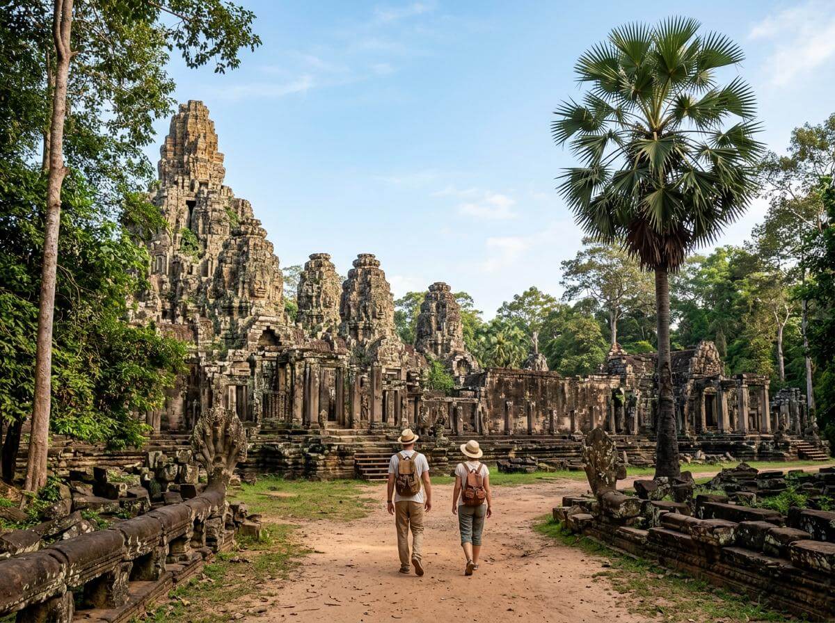 Travelers walking through ancient temple ruins in Cambodia at sunrise (ATC Intel)