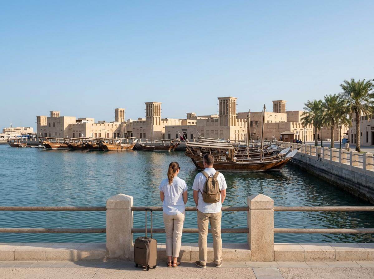 Travelers with a carry-on at Doha's dhow harbour during a stopover (ATC Intel)
