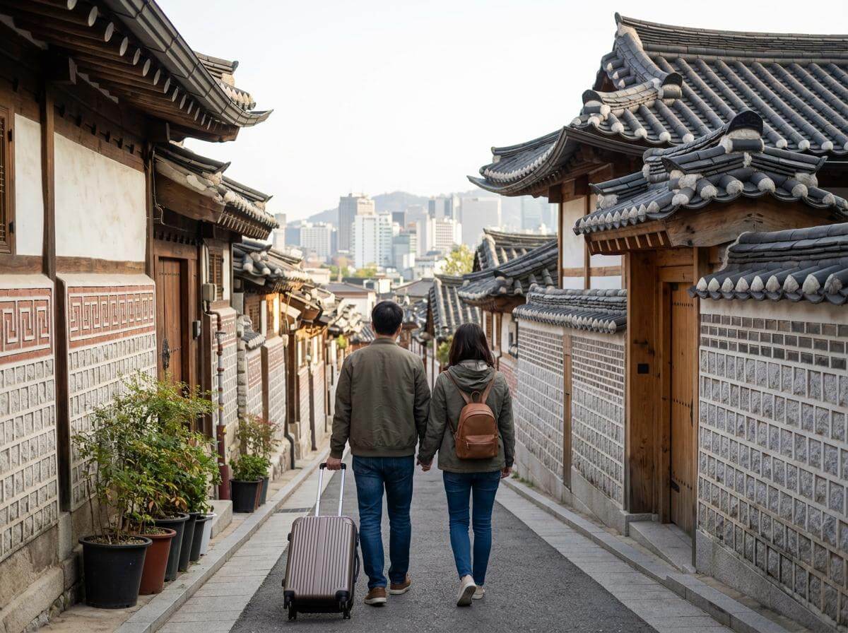 Travelers with a suitcase walking a hanok alley in Seoul, South Korea (ATC Intel)