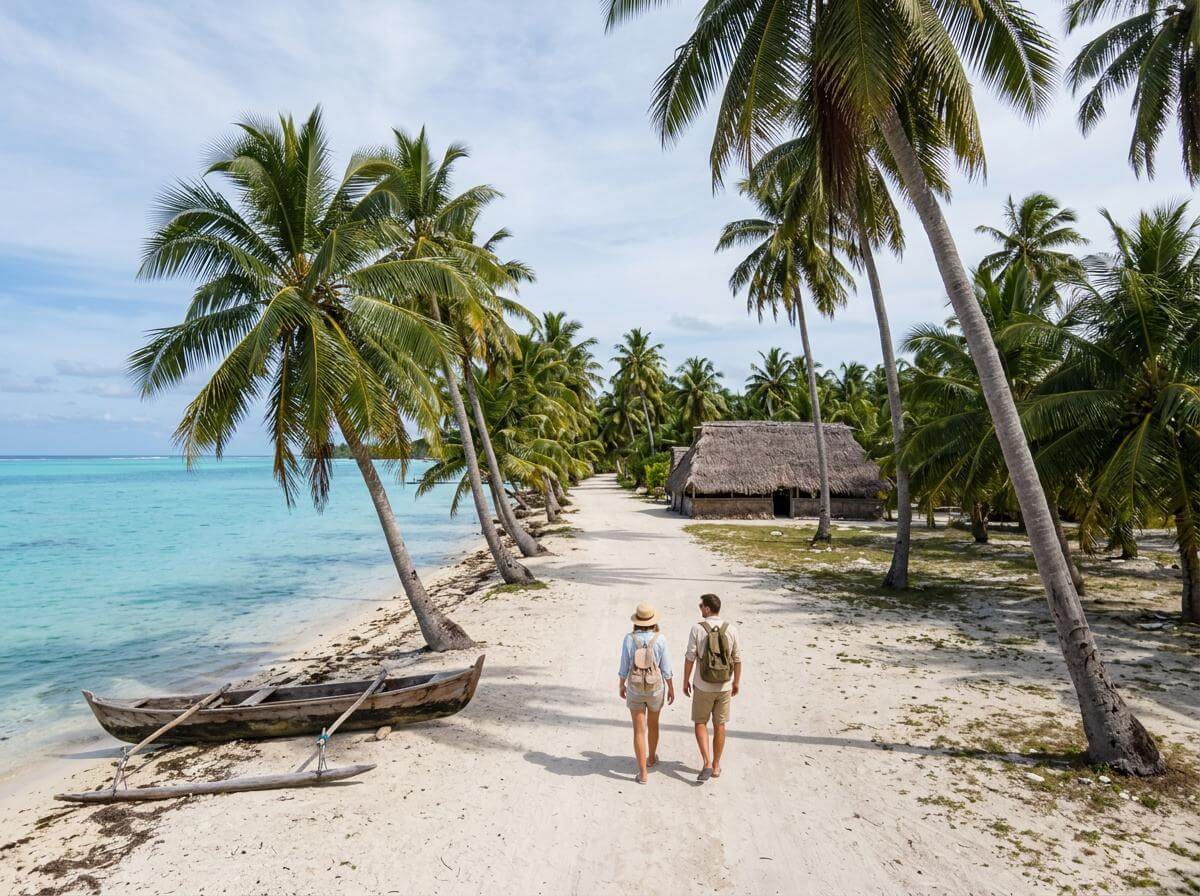 Travelers with backpacks on a palm-lined path beside Tarawa lagoon in Kiribati (ATC Intel)