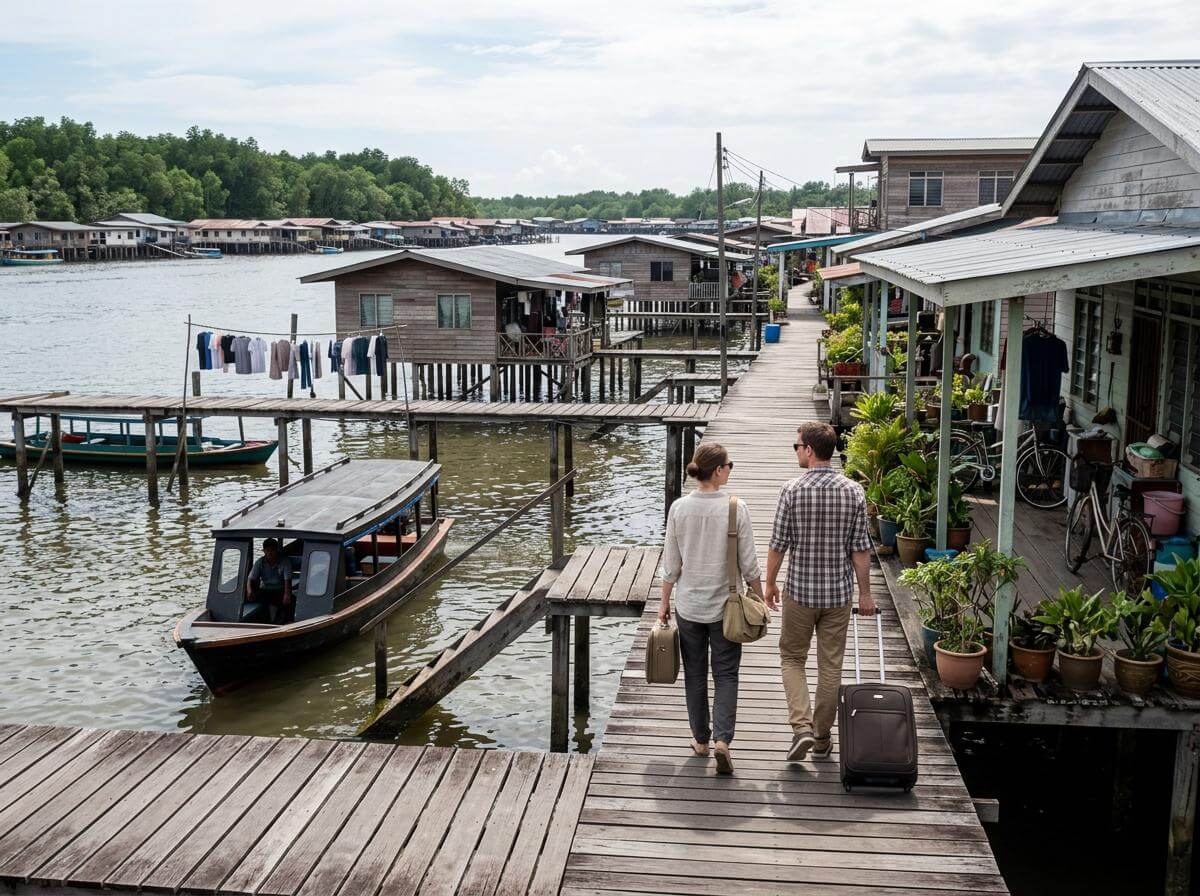 Travelers with luggage on a wooden walkway in Brunei's water village (ATC Intel)