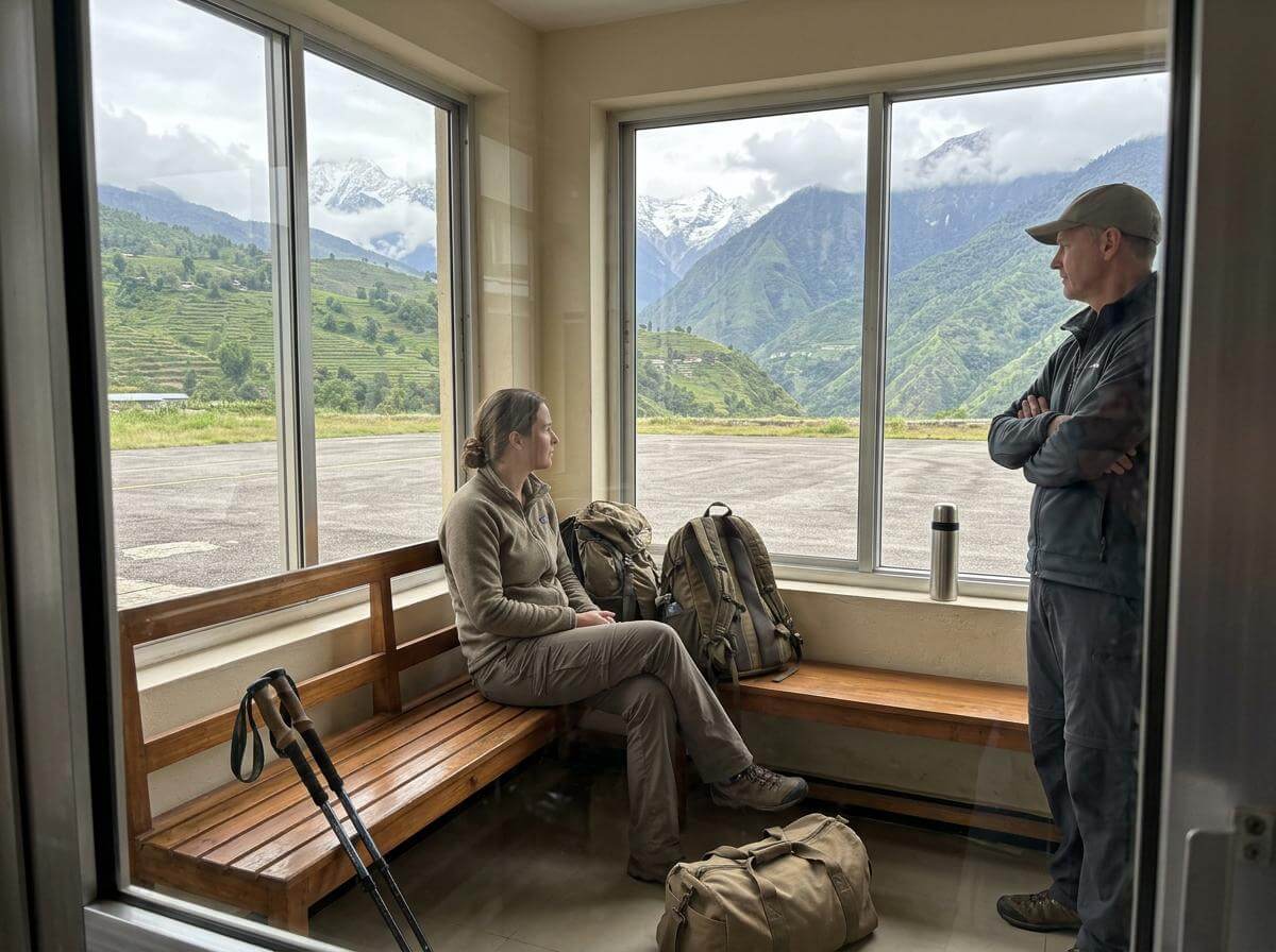 Trekker waiting in a small Himalayan domestic airfield terminal in Nepal (ATC Intel)