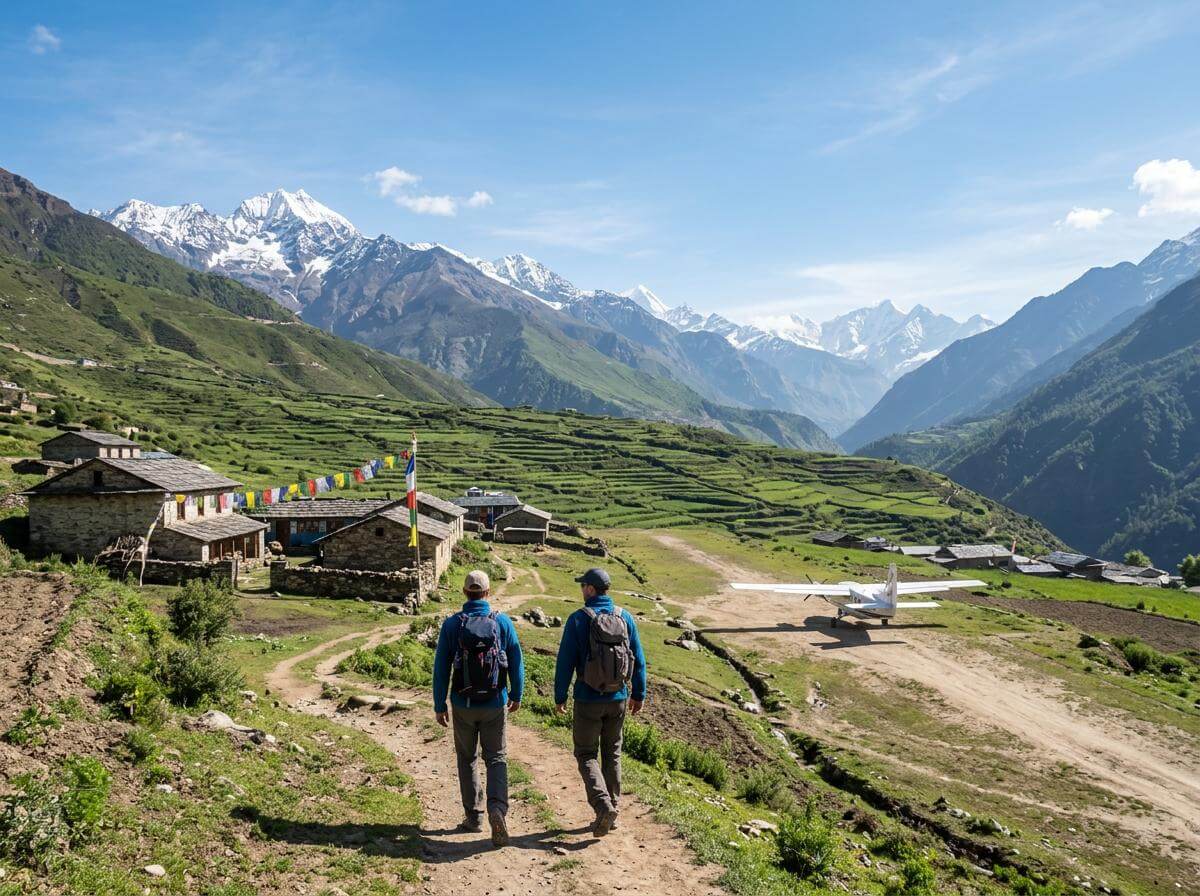 Trekkers walking a Himalayan trail past a small Nepal mountain airstrip with snow peaks (ATC Intel)