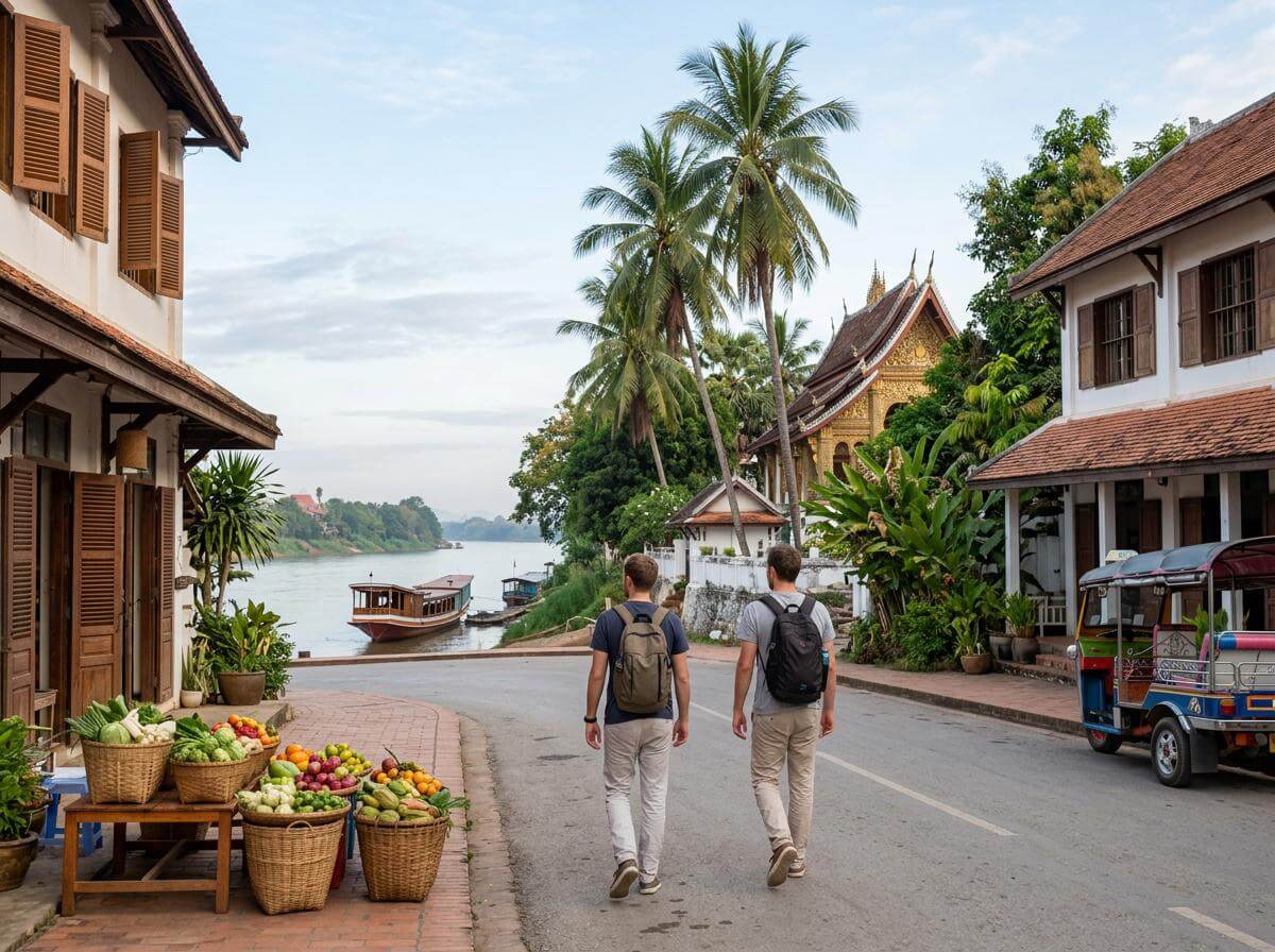 Two backpackers walking a riverside street in Luang Prabang, Laos (ATC Intel)
