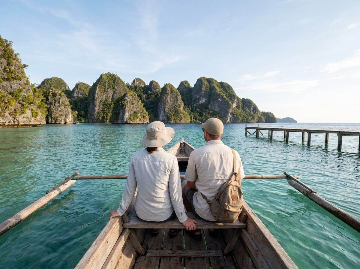 Two travelers in a wooden boat among the karst islets of Raja Ampat, Indonesia (ATC Intel)