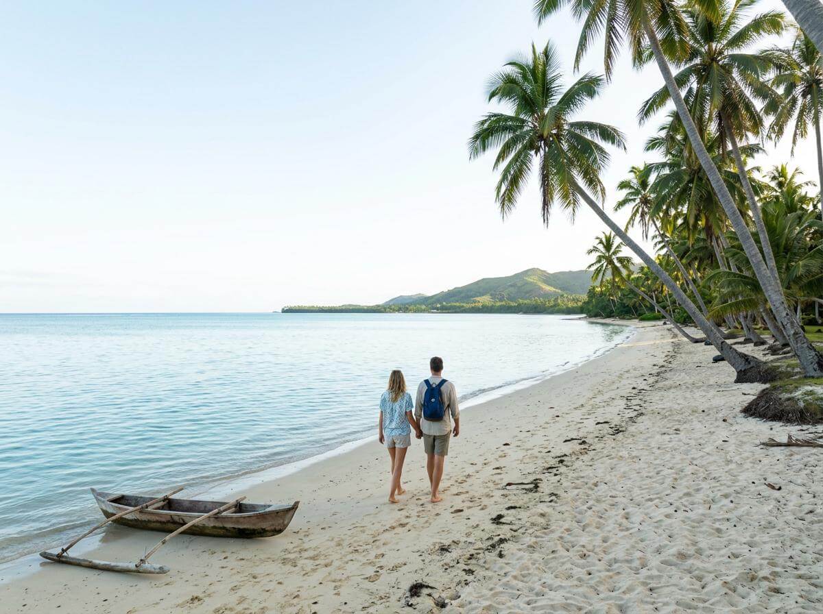 Two travelers on a palm-lined beach near Nadi, Fiji, turquoise lagoon (ATC Intel)