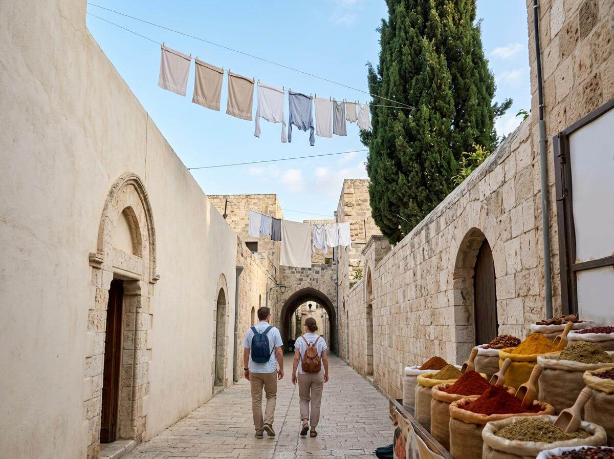 Two travelers walking a limestone alley in an old Israeli coastal town (ATC Intel)