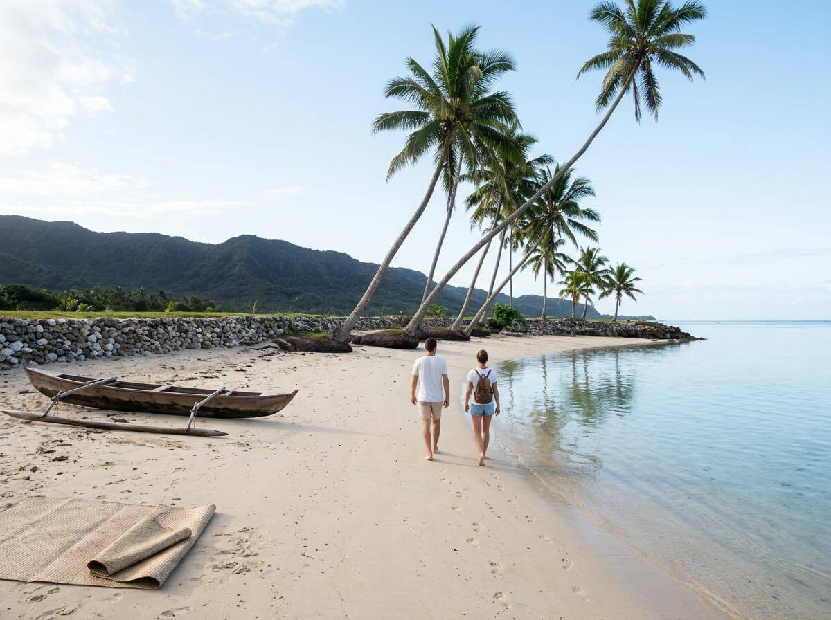 Two travelers walking a palm-lined Fiji beach with volcanic hills behind (ATC Intel)
